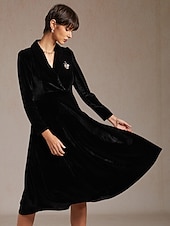 abordables Robe Simple-Femmes Robe Midi Robe trapèze Élégant Soirée Coupe régulière Couleur Unie manche longue Col en V Noir Printemps Automne Hiver