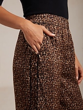 billige damebukser-viskosesilke elastisk midje rynkete leopardprint rette bukser på ferie