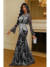 preiswerte Meerjungfrau Abendkleider-Schwarz Silber Meerjungfrau  Trompete Schicht  Säule Abendkleid Elegantes Formelles Kleid Formelle Hochzeit Bodenlang Langärmlig Boot-Ausschnitt Spitze mit Applikationen