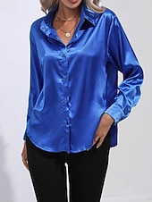 abordables Blouses Unies-Femmes Chemise Elegant Haut en satin Chemisier Boutons Uni Élégant ancien manche longue Col de chemise Hauts Réguliers Fête Sortir Jaune Rouge Bleu Roi Rose Gris Été Printemps