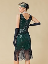 baratos Vestidos dos anos 1920-Conjunto Loucos anos 20 Anos 20 Até os Joelhos Vestidos Vestido melindroso Roupa com acessórios Sem Mangas O Grande Gatsby charleston Paetês Franjas Pena Decote V Fantasia Mulheres Carnaval Ano Novo