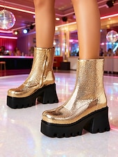 baratos Estilo Disco &amp; Hippie dos anos 70-Botas femininas prateadas metalizadas com plataforma, salto grosso e zíper - estilo disco dos anos 80, calçado moderno para festas e eventos de dança.