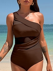 levne Jednodílné plavky-Dámské jednodílné plavky nabírané monokini síťové kontrola břicha vysoký pas štíhlé bez zadního dílu elegantní plážové oblečení v jednobarevné variantě halter krk bez rukávů