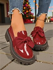 billige Slip-ons og loafers til kvinner-Kvinners burgunder patent lær slip-on loafere med bue – Chunky plattformsko uformelle utflukter daglig bruk og juletider