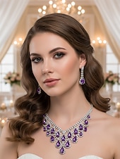 abordables Collier pour femme-Ensemble collier et boucles d'oreilles pendantes en argent plaqué violet pour femme - bijoux de mariée élégants en cristal pour mariages, bals de fin d'année et soirées habillées