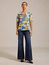 levne košile, topy a halenky-viskózový top s kulatým výstřihem a uměleckým květinovým potiskem na dovolenou