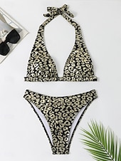 tanie Zestawy bikini-Kostium kąpielowy bikini damski 2-częściowy z leopardem seksowny slim bez pleców wakacyjny strój plażowy dekolt halter bez rękawów