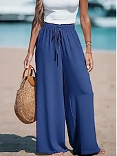 preiswerte weites Bein und hohe Taille-Damen Hose Sommerhose Baggy-Hosen Urlaub Mode Basic Volle Länge Hohe Taille Kordelzug Elastischer Bund Weites Bein Komfort Leicht Weich Unelastisch Strand Straße Lässig Hellgelb Schwarz Rosa Leicht