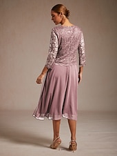 olcso Sifonruhákk-Női Midi ruha Sifon ruhák Elegáns Estély Esküvői vendég Flitter Csipke Normál Tömör szín Háromnegyedes Terített nyak Arcpír rózsaszín