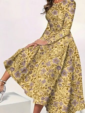 cheap Floral Dress-Women's Midi Dress Casual Dress Swing Dress Elegant Fashion Daily Outdoor Weekend Regular Fit Floral Long Sleeve Crew Neck Blue Yellow Green Spring Fall Winter Autumn