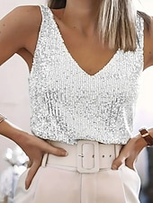 Χαμηλού Κόστους Απλή δεξαμενή-Γυναικεία Μπλούζα Μπλουζάκια με παγιέτες Πούλιες Σκέτο Κομψό Στυλάτο δυτικός Αμάνικο Λαιμόκοψη V Κανονικά μπλουζάκια Καθημερινά Αργίες Εξόδου Μαύρο Λευκό Ρουμπίνι Καλοκαίρι Άνοιξη Φθινόπωρο