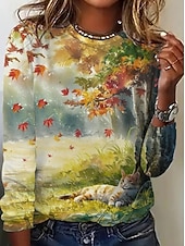 levne květinové tričko-Dámské tričko grafický květinový rostliny vintage móda stylové dlouhý rukáv crew neck kulatý výstřih pravidelné topy každodenní víkendový potisk hnědá jaro podzim zima