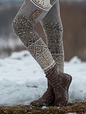  Damen Vikinger Leggings Gemütliche Leggings Urlaub Vintage Ethno-Stil Knöchellang Hohe Taille Grafik Baum Drucken Bequem Dehnbar Lässig Täglich Urlaub Grau Frühling Herbst Schmale Passform