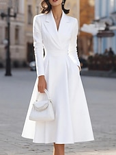 ieftine Rochii de absolvire-Pentru femei Rochii Midi Rochie blazer Rochie A line Rochie Bodycon Rochii Semi Formale Birou Fit regulat Simplu Manșon Lung Guler Cămașă Negru Alb Bleumarin Caisă Primăvară Toamnă Iarnă