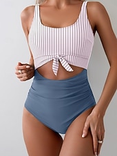 preiswerte Einteilige Badeanzüge-Damen Einteiler Badeanzug Sexy Cutout Monokini Bauchkontrolle Hohe Taille Slim Rückenfrei Urlaub Strandbekleidung Polka Dot Farbblock U-Ausschnitt Ärmellose Bademode