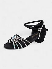 cheap Latin Shoes-Girls' Satin Rhinestone Latin Dance Shoes - Sparkly Strappy Peep Toe Ballroom Sandals for Kids and Teens, Ideal for Professional Dance Training and Competitions