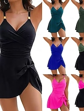 זול בגדי ים חלק אחד-בגד ים נשים שלם קפלים עם חצאית מונוקיני חצאית לשליטה בבטן מותן גבוהה דק ללא גב נופש לבילוי בחוף צבע אחיד צוואר V ללא שרוולים