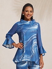 baratos camisas, tops e blusas-Blusa feminina azul estampa floral chiffon elástico mangas decote barco casual confortável primavera verão outono férias