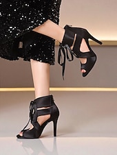 abordables Zapatos de baile latino-Zapatos de tacón de satén con cordones para baile latino de mujer - zapatos profesionales de salón de baile con punta abierta para bailarinas