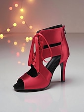 abordables Zapatos de baile latino-Zapatos de tacón de satén con cordones para baile latino de mujer - zapatos profesionales de salón de baile con punta abierta para bailarinas