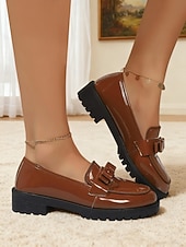 economico Slip-ons e mocassini da donna-Mocassini in ecopelle rossa da donna con dettaglio a fiocco e suola piatta spessa – Scarpe slip-on eleganti per ufficio e uso quotidiano