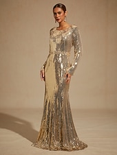 cheap Sequin Dresses-Women's Maxi Dress Floor Length Dress Trumpet Mermaid Dress Elegant Party Evening Party Cocktail Party Sequins Beaded Regular Fit Solid Color Long Sleeve Crew Neck Gold Spring Fall Winter