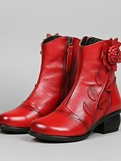 رخيصةأون جزمة الكاحل-حذاء نسائي من الجلد الأحمر بكعب متوسط وتطريز زهور - حذاء قصير كلاسيكي بكعب متوسط للملابس الكاجوال والأنيقة