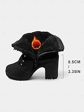 baratos Botas de neve e inverno-Botas femininas marrons de cano curto com salto alto – botas de inverno de couro sintético com cadarço, punhos de tricô e detalhes em pérola, perfeitas para o Natal e looks do dia a dia.