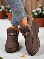 billiga Snö- och vinterstövlar-damkaffefärgade quiltade vinterkorta stövlar – varma slip-on pufferstövlar med foder i fuskpäls och rem för utomhusbruk i snö och vardagsbruk