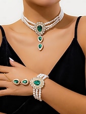 baratos Colar Feminino-Conjunto de joias femininas com pérolas e esmeraldas - elegante colar choker e pulseira com strass para baile de gala, formatura ou festa noturna.