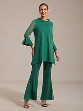 levne dámské kalhoty-Dámské kalhoty, strečová tkanina, šifon, průsvitné panely, rozšířené nohavice, elastický pas, elegantní, pohodlné, do práce, podzim