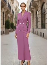 cheap Tuxedo Dresses-Women's Tuxedo Dress Sheath Formal Crepe Elegant Simple Long Sleeve 3/4 Sleeve Pleated Floor Length Peaked Lapel V Neck Double Breasted