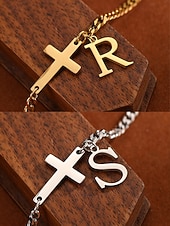 abordables Pulsera de mujer-Tobillera personalizada para mujer en acero inoxidable con dijes de letras del alfabeto, diseño de cruz y letras, ideal como regalo de Navidad. Disponible en 26 letras.
