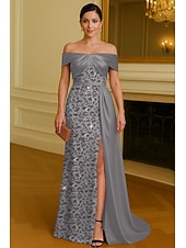abordables Ball Gown Evening Dresses-A-Line Floor Length Beaded Eembroidered Formal Dresses Mother of the Bride Dress Evening Gown Ball Gown with Overskirt Elegant High Split Sleeveless Off Shoulder Wedding Formal Satin Lace with Ruched