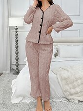 Χαμηλού Κόστους Γυναικεία Μπλουζάκια και Παντελόνια Ύπνου-Γυναικεία Σετ Πυτζάμες Καθημερινό Ανατομικό Μονόχρωμες Ελαστική μέση Παντελόνι Σπίτι Καθημερινά Μακρυμάνικο Λαιμόκοψη V Λευκό Ανθισμένο Ροζ Άνοιξη Φθινόπωρο Χειμώνας Κανονικό