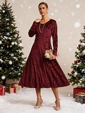 levne Boho šaty-Vánoční dámské midi šaty pouzdrové šaty sametové šaty s paisley vzorem elegantní párty svatební host sváteční grafický dlouhý rukáv výstřih do V vínové jaro podzim zima