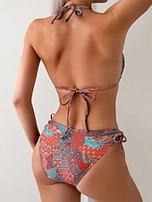 ieftine Seturi de bikini-Costum de baie pentru femei bikini 2 piese boho legat pe lateral subțire fără spate vacanță îmbrăcăminte de plajă bloc de culoare floral decolteu halter fără mâneci costume de baie