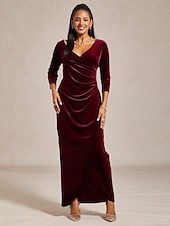  Per donna Abito maxi Abito a Portafoglio Elegante Festa serale Ospite di nozze Asimmetrico Taglia piccola Tinta unica Manica 3/4 Scollo a V Vino