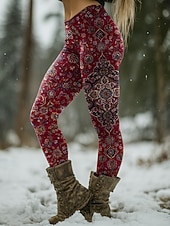 preiswerte Kunst &amp; Design Druck-Damen Leggings Urlaub Vintage Ethno-Stil Volle Länge Hohe Taille Grafik Geometrisch Paisley-Muster 3D-Druck Schnelltrocknend Atmungsaktivität Weich Dehnbar Urlaub Formell Straße Blau Wein Schwarz Weiß