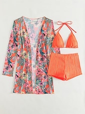 preiswerte 3-teiliges Bikini-Set-Damen Bikini 3-teilig Badeanzug Palm Shorts Bauchkontrolle Hohe Taille Slim Rückenfrei Urlaub Strandbekleidung Blumen Halterhals Ärmellose Bademode