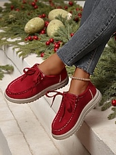 abordables Femmes-Chaussures rouges décontractées à lacets pour femmes - mocassins plats souples et antidérapants, chaussures confortables au quotidien pour Noël, le shopping et les voyages