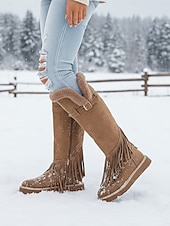 abordables Snow &amp; Winter Boots-Women's Green Fringe Faux Suede Snow Boots with Fur Lining – Stylish Knee-High Winter Boots Footwear for Cold Weather, Snow and Outdoor Adventures
