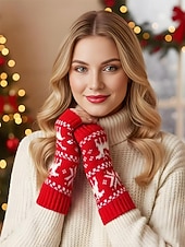 billiga Damhandskar-Stickade fingerlösa julvantar för kvinnor, röda och vita Fair Isle-renmönster, julvantar för vinterfester och festliga evenemang