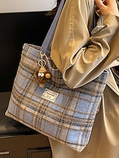 Недорогие Сумки с ручками сверху и шопперы-Женские рождественские клетчатые сумки-шопперы – большие и маленькие размеры, полиэстеровая ткань с помпонами, праздничный стиль для предпраздничного шопинга и подарков