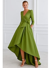 cheap A-Line Evening Dresses-A-Line Asymmetrical Ball Gown with Cape Evening Gown Formal Dress Elegant Long Sleeve V Neck Formal Wedding Pocket Satin with Pleats Pocket