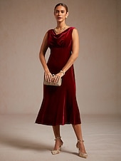  Damen Midikleid Trompeten- Meerjungfrauenkleid Elegant Party Hochzeitsgast Cocktailparty Normale Passform Einfarbig Ärmellos Wasserfallausschnitt Wein