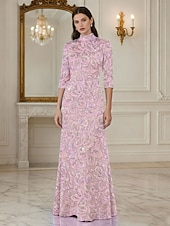  A-Line Floor Length Beaded Eembroidered Formal Dresses Mother of the Bride Dress Evening Gown Ball Gown Formal Dress Elegant Glittering Long Sleeve High Neck Wedding Formal Pocket Satin Lace with