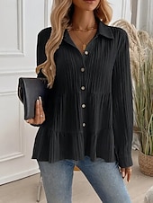 preiswerte Einfache Blusen-Damen Bluse Gerafft Knöpfe Einfarbig Stilvoll Lässig Langarm Hemdkragen Normale Oberteile Täglich Salbeigrün Schwarz Rote Marineblau Aprikose Frühling Herbst Winter