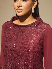  Mulheres Camisa de renda Túnica Top de emenda de renda Blusa Paetês Renda Frufru Elegante Diário senhoras Manga 3/4 Mangas Evasê Decote Canoa Gola Alta Tops longos Convidado do casamento Feriado Vinho