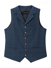  gilet da uomo in tweed, gilet, moda vintage, primavera e autunno, bottoni, misto lana, comodo, semplice, monopetto, scollo a V, vestibilità regolare, verde scuro, blu navy, grigio scuro, grigio chiaro.